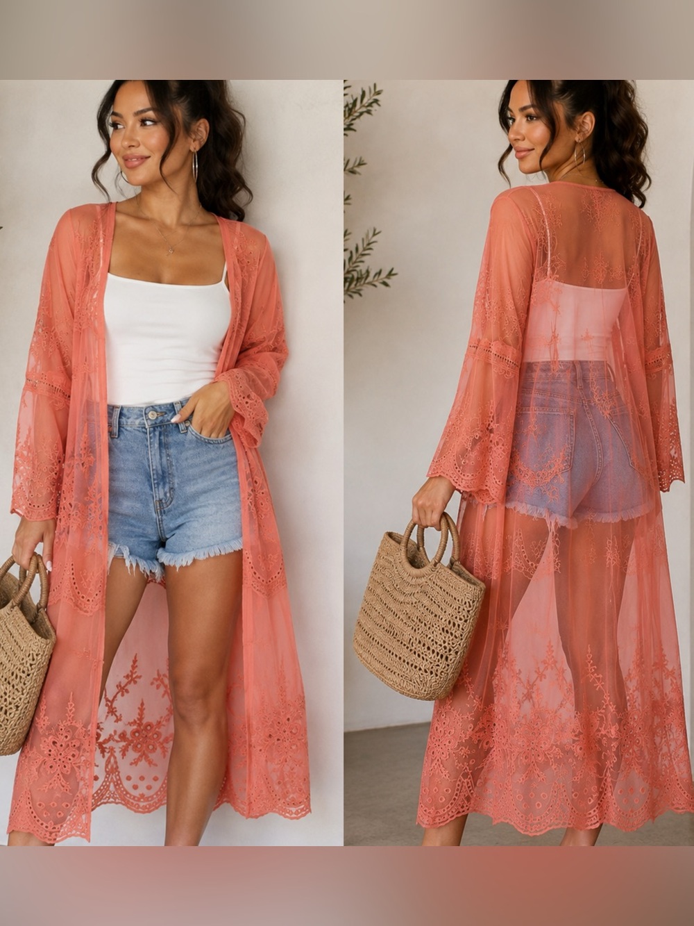 . In Bloom Coral Floral Embroidered Sheer Long Sleeve Open Cardigan Kimono